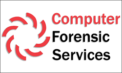 Computer Forensics Services, red Computer and logo, black Forensic Services